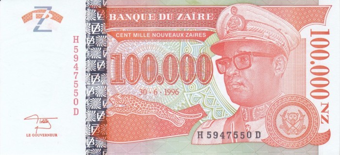 Bancnota Zair 100.000 Nouveaux Zaires 1996 - P77 UNC