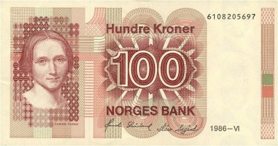 NORVEGIA █ bancnota █ 100 Kroner █ 1986 █ P-43c █ UNC █ necirculata foto