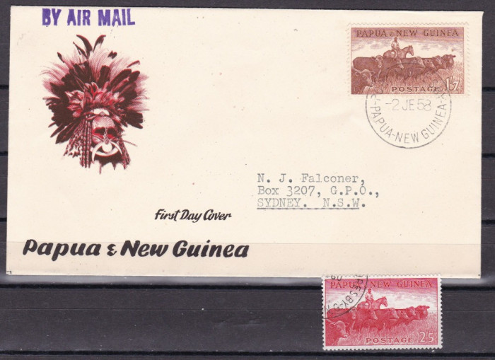 Papua Noua Guinee 1958 fauna MI 17 FDC + MI 19 stamp. w54