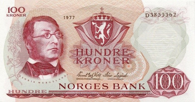 NORVEGIA █ bancnota █ 100 Kroner █ 1977 █ P-38h █ UNC █ necirculata foto