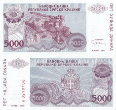 1993, 5.000 dinara (P-R20a) - Republica Sarba Krajina (Croa?ia) - stare UNC! foto