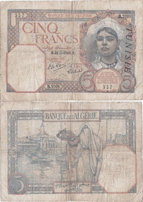 1941 (31 V), 5 francs (P-8b.7) - Tunisia! (CRC: 97%) (prezinta reparatie) foto
