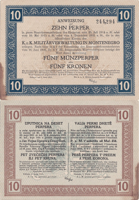 1917, 10 perpera (P-M151) - Muntenegru - stare aUNC! (CRC: 75%)