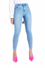 CL816-444 Jeans skinny cu talie inalta, cu perle aplicate foto