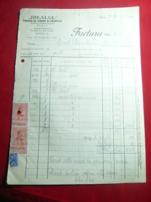 Factura Antet Firma Idealul -ciorapi,tricotaje-Bacau 1934 ,2 timbre fiscale foto