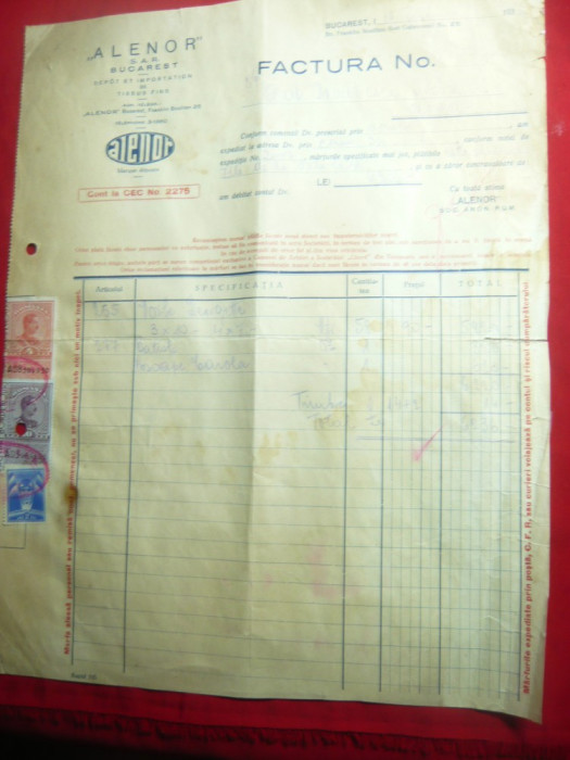 Factura Antet Firma Alenor SAR -Depozit Tesaturi de import ,Buc.1932,timbre fisc