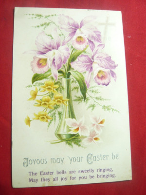 Ilustrata Felicitare de Paste -Flori ,litere relief ,francata Marea Britanie1934 foto