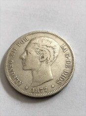 Moneda Argint 5 PESETAS 1877 SPANIA - ALFONSO XII foto