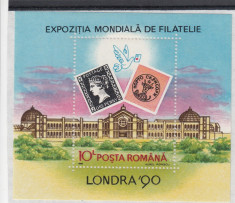 ROMANIA 1990 LP 1236 EXPOZITIA MONDIALA FILATELIE LONDRA COLITA MNH foto