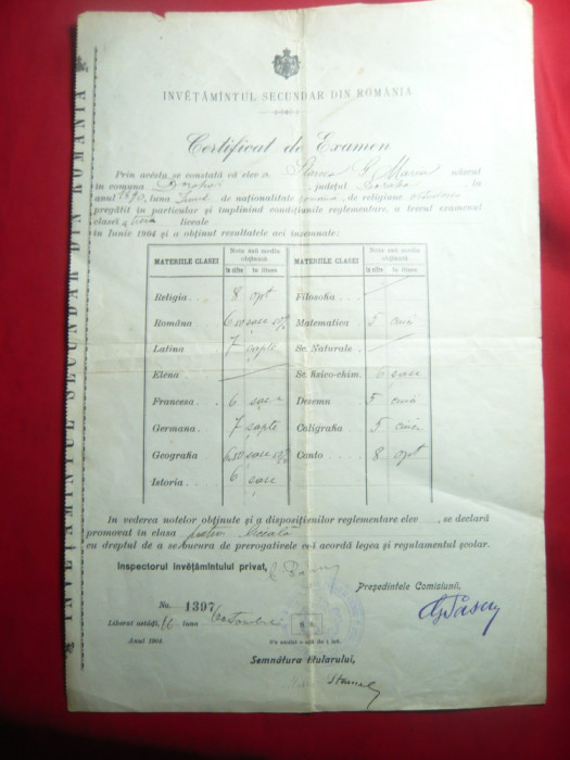 Certificat de Examen - Diploma-in iunie 1904 ,numerotata