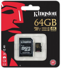 Card de memorie Kingston SDCG/64GB, microSDXC, 64 GB, Clasa 10, Viteza citire 90 MB/s, Viteza scriere 45 MB/s + Adaptor SD foto