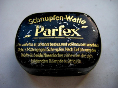Parfex Schnupen Watte- vata de lana-Cutie veche metalica. Marimi: 4/3cm. foto