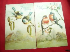 2 Felicitari de Paste ,cu pasari cantatoare- Franta ,inc.sec.XX