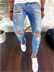 Blugi barbati albastri rupturi conici skinny casual - COLECTIE NOUA - A2171 foto