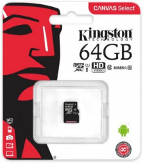 Card de memorie Kingston Canvas Select microSDXC, 64 GB, 80 MB/s Citire, 10 MB/s Scriere, Clasa 10 UHS-I foto