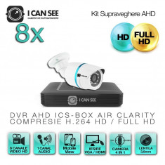 Kit Supraveghere Video AHD ICS-KU100-8S cu 8 camere ICSS-UHD1000 + DVR ICS-BOX AIR CLARITY HD 8 Canale Transmisie pe Internet foto