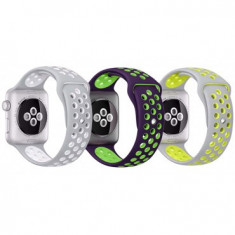 Set 2+1 Gratis, Curele Apple Watch iUni 42 mm Silicon Argintiu-Galben, Purple-Green, Argintiu-Alb MediaTech Power foto