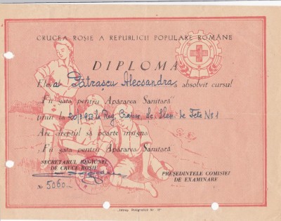 QW13 11 - 1953 - diploma - absolvire curs Aparare sanitara - Crucea rosie a RPR foto