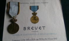 SUPERB LOT !!! CENTENARUL REGELUI CAROL 1 - MEDALIE SEMNATA DE BECKER + BREVET foto