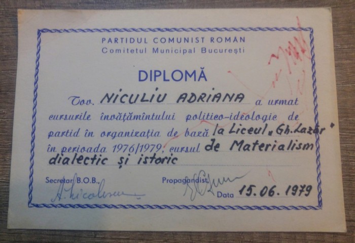 Diploma Cursurile Invatamantului Politico-Ideologic de Partid// 1979