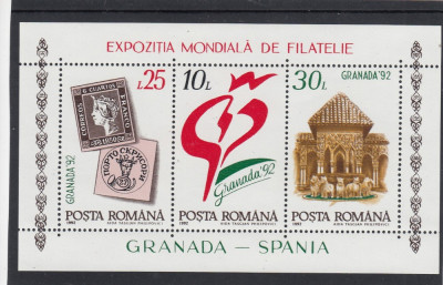 1992 LP 1283 EXPOZITIA MONDIALA FILATELIE GRANADA - SPANIA BLOC DANTELAT MNH foto