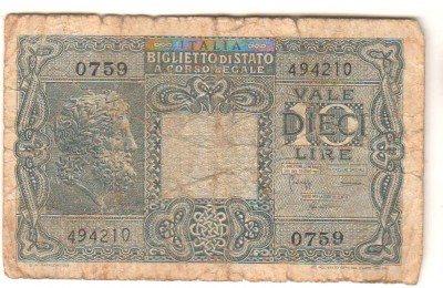 SV * Italia 10 LIRE 1938 - 1944 * de ocupatie Germania fascista * WWII foto