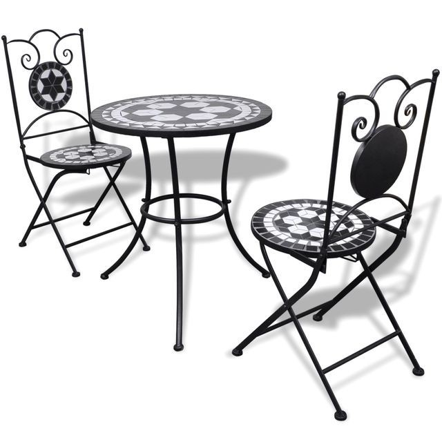 Set mobilier grădină bistro, 60 cm, mozaic, 2 scaune, negru/alb foto mare Set mobilier grădină bistro, 60 cm, mozaic, 2 scaune, negru/alb foto mare