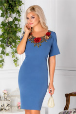 Rochie Trill midi bleu cu broderie la bust foto