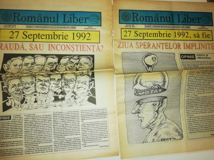 RARE =LOT 2 ZIARE VECHI ROMANUL LIBER -1992 ZIARUL UNIUNII MONDIALE A ROMANILOR