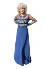 Rochie albastra de seara, model lung cu broderie florala cu strasuri foto