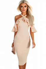 G613-152 Rochie midi, croi bodycon cu volane si umerii goi foto