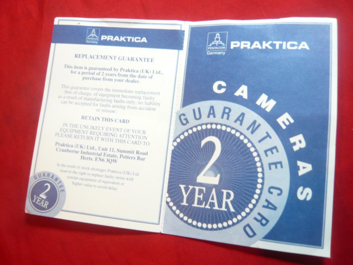 Certificat Garantie- pt Aparat Foto Praktica Pentacon Germania