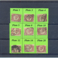 144-ANGLIA MAREA BRITANIE 1870 VICTORIA Uzuala lot de 9 timbre Plates 1-20