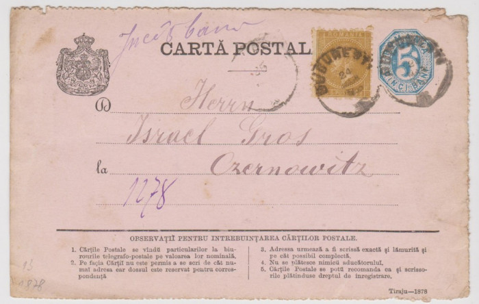 Carte postala Bucuresti - Cernauti 1878 iudaica ; comentariu oficiului postal