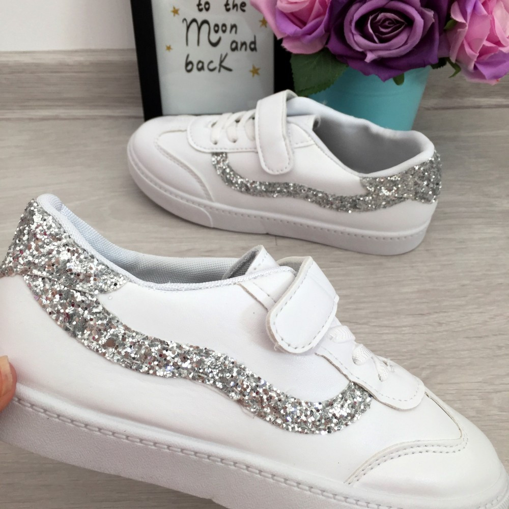Adidasi albi argintii cu sclipici tenisi pantofi sport fete 31 32 cod 0130,  Piele sintetica | Okazii.ro