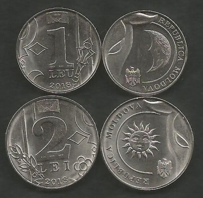 MOLDOVA LOT/ SET ( 2 buc ) 1 LEU + 2 LEI 2018 [1] UNC - necirculate , din fisic foto