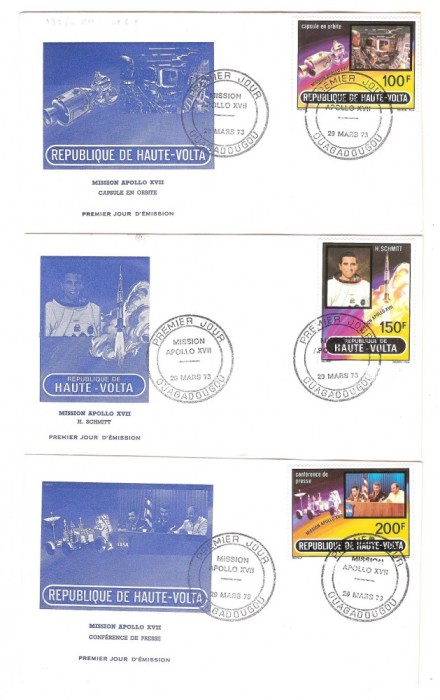 Africa - Volta Superioara, 3 -FDC-uri cosmos, misiunea Apollo 17, 1973 Africa - Volta Superioara, 3 -FDC-uri cosmos, misiunea Apollo 17, 1973