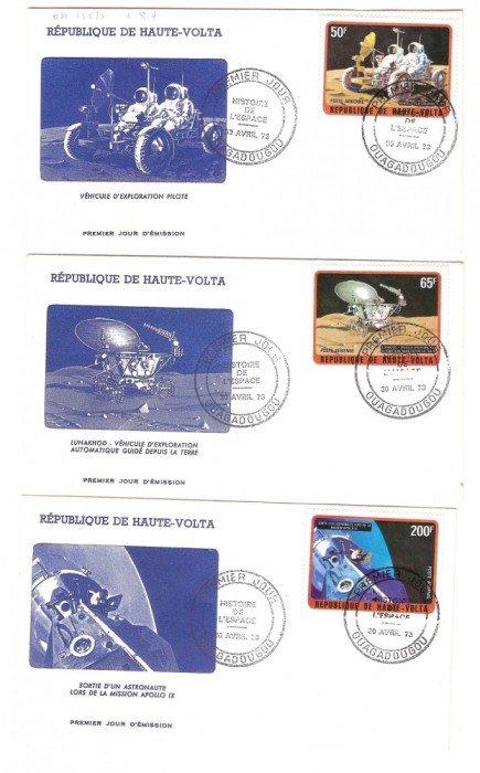 Africa - Volta Superioara, 3 -FDC-uri cosmos, misiuni in spatiu, 1973 Africa - Volta Superioara, 3 -FDC-uri cosmos, misiuni in spatiu, 1973