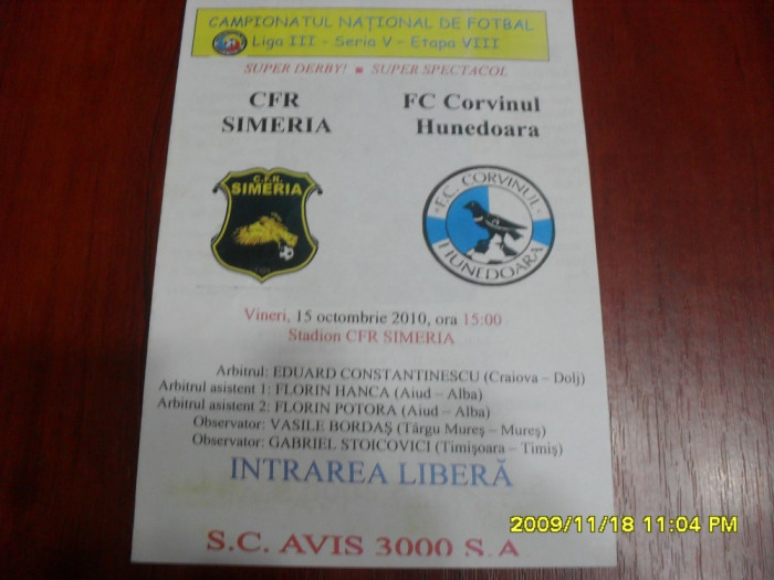 program CFR Simeria - FC Corvinul Hd.