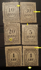 Romania 1920-22 TAXA DE PLATA LOT 6 TIMBRE ERORI foto