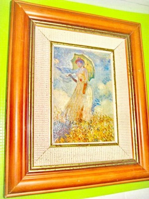 D972-Femeie cu umbrela in furtuna in lan de grau-Tablou vintage impresionist . foto
