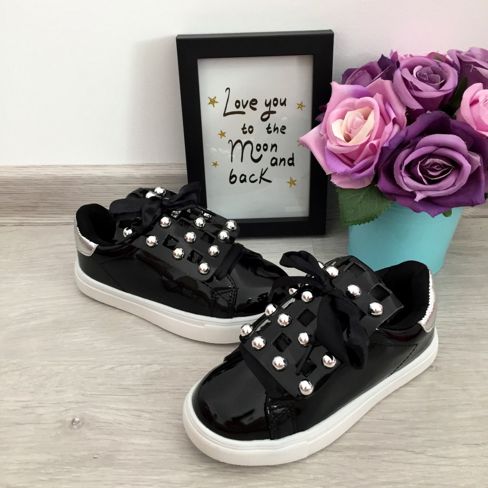 Adidasi negri de lac luciosi cu tinte pantofi sport fete copii 25 cod 0143  | Okazii.ro