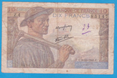 (1) BANCNOTA FRANTA - 10 FRANCS 1941, VARIANTA CU MINERUL foto