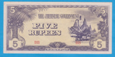 (1) BANCNOTA BURMA - 5 RUPEES 1942, GUVERNARE JAPONEZA foto