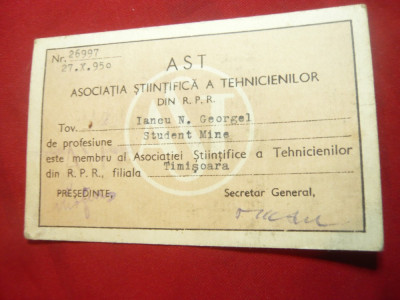 Legitimatie AST- Asociatia Stiintifica a Tehnicienilor 1950 foto