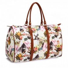 AG00479B - White Eiffel Tower Print Weekend Duffle Bag foto