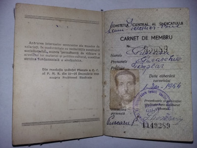 Carnet Membru Consiliul Central al Sindicatelor RPR 1954,timbre cotizatie,foto foto