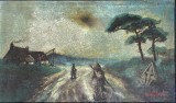 Tablou CONSTION, &rdquo;Pe drumul cu troiță&rdquo;, ulei pe carton, 43 x 28 cm / 35 x 20, rama, sticla, gata de pus pe perete
