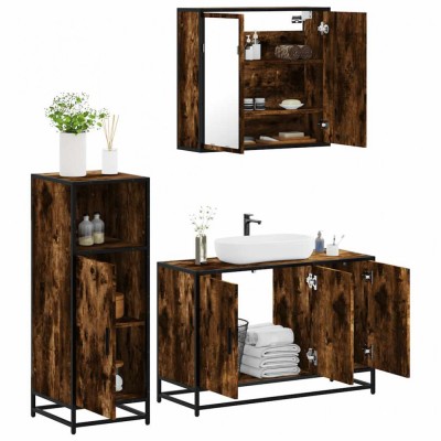Set mobilier de baie, 3 piese, stejar fumuriu, lemn prelucrat foto