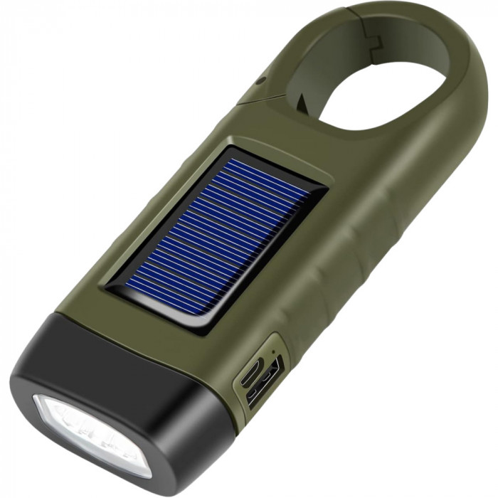 Lanterna LED cu carabina si manivela, reincarcare solara/USB/manuala, buton on/off, incarcare telefon, ideala pentru camping, exterior, urgenta, 14,5